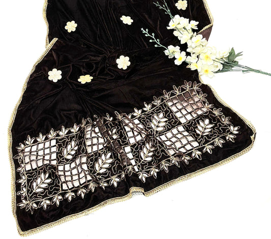 Ladies Winter Velvet Cutwork Shawl-Brown