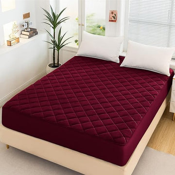 Quilted Fitted  Cover For Double bed Fitted  Protector Anti Sleep Bed Sheet - Mahroon