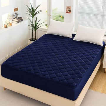 Quilted Fitted  Cover For Double bed Fitted  Protector Anti Sleep Bed Sheet  - Dark Blue